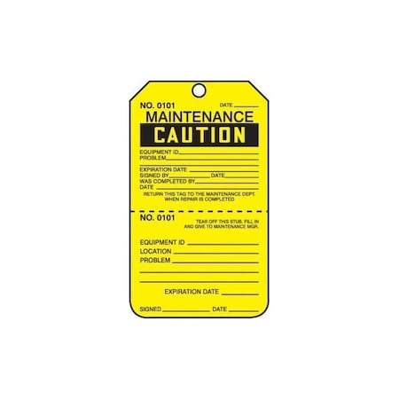 Accuform Safety Tags, CAUTION MAINTENANCE, Perforated, 5.75in x 3.25in, RP-Plastic, 5PK TPP206PTM